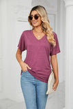 SOLID V NECK SHORT SLEEVE LOOSE TEES - Doublju