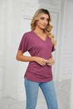 SOLID V NECK SHORT SLEEVE LOOSE TEES - Doublju