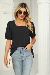 SQUARED NECKLINES RUFFLED LOOSE TEES - Doublju