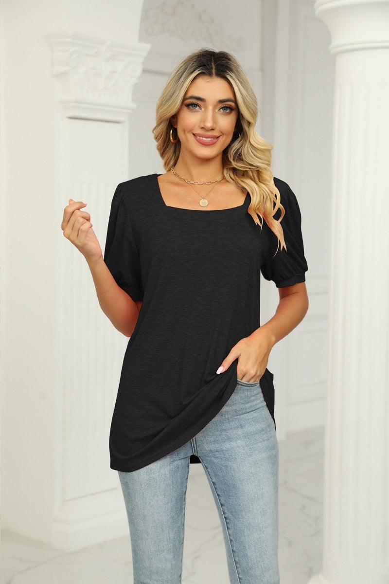 SQUARED NECKLINES RUFFLED LOOSE TEES - Doublju