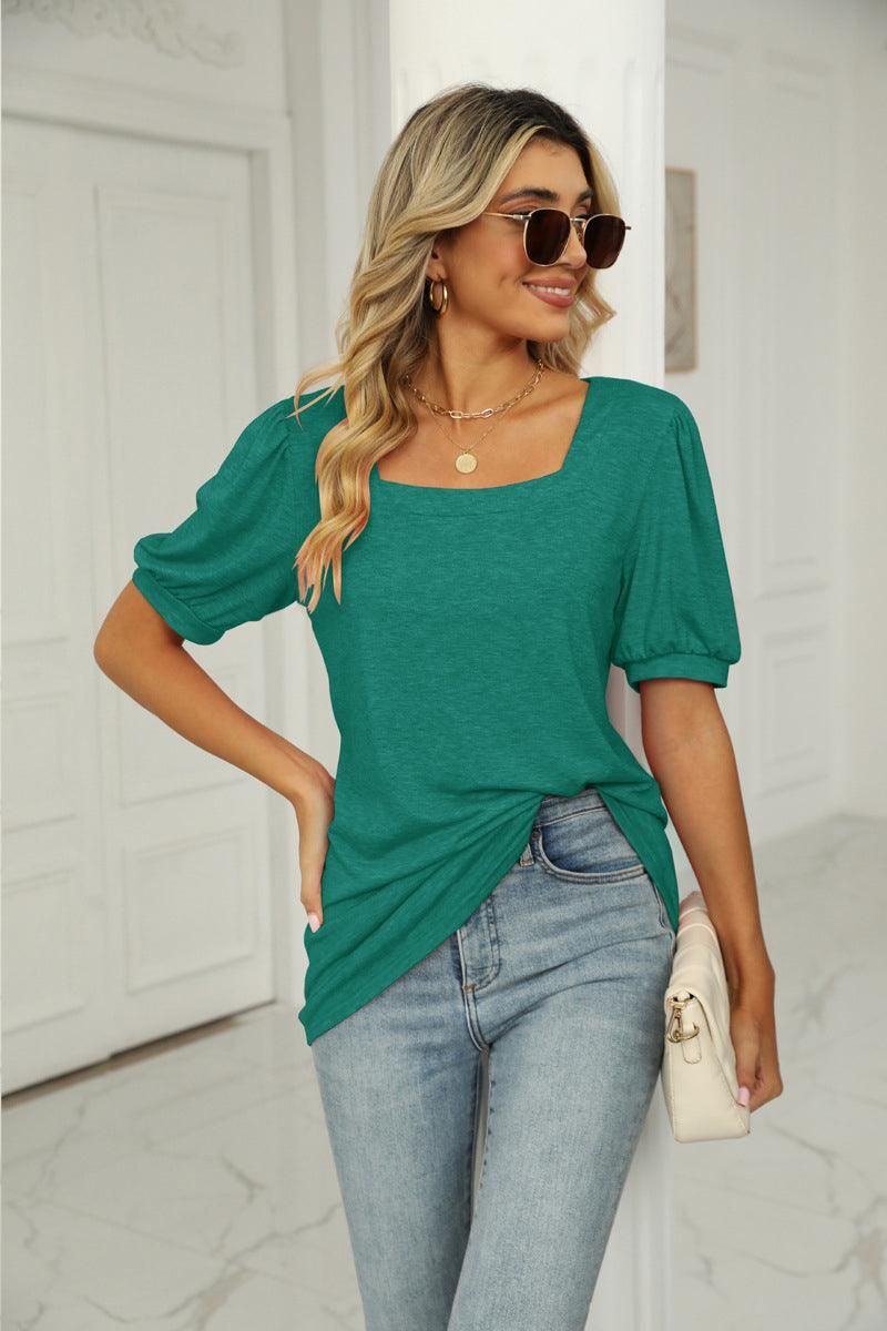 SQUARED NECKLINES RUFFLED LOOSE TEES - Doublju