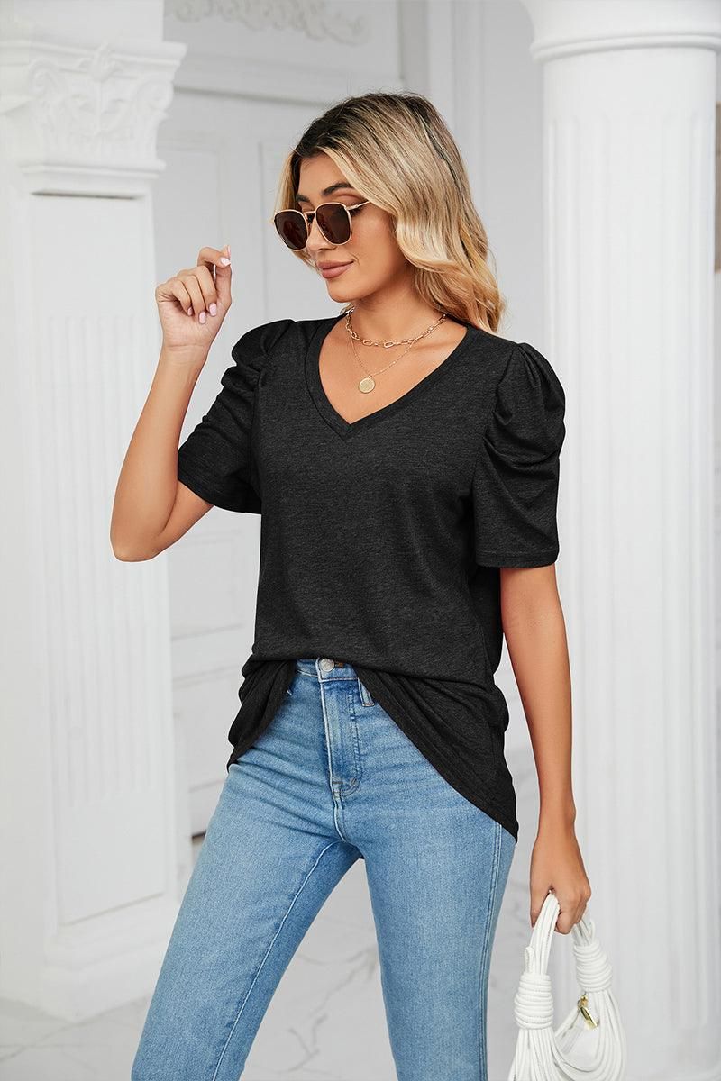 PUFFED SLEEVE SOLID CASUAL TOP - Doublju