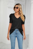 PUFFED SLEEVE SOLID CASUAL TOP - Doublju