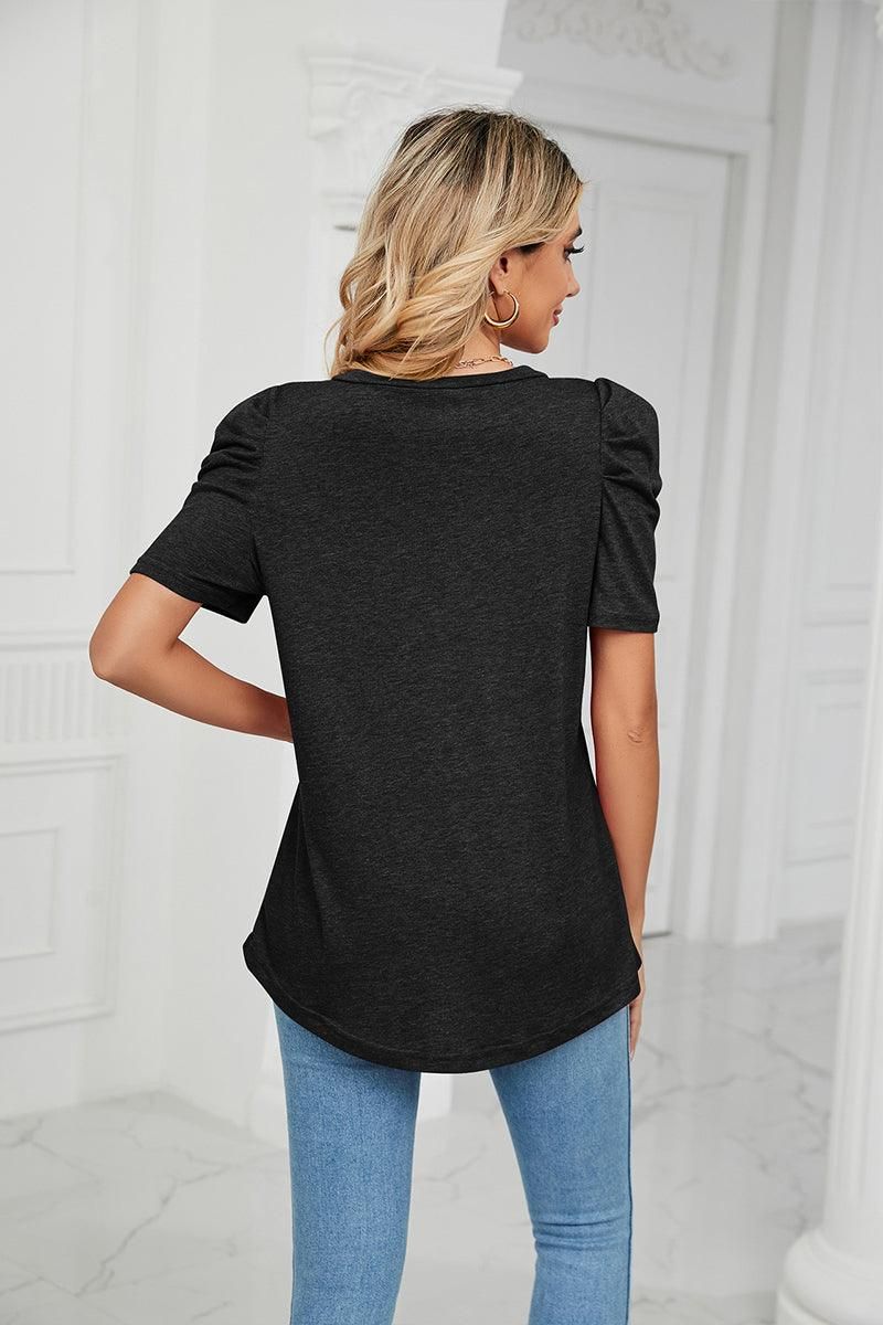 PUFFED SLEEVE SOLID CASUAL TOP - Doublju