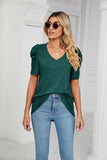 PUFFED SLEEVE SOLID CASUAL TOP - Doublju