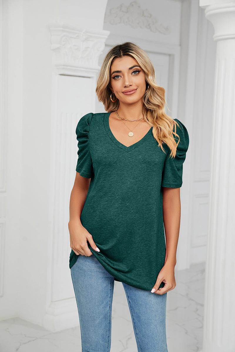 PUFFED SLEEVE SOLID CASUAL TOP - Doublju