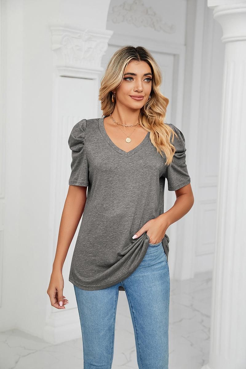 PUFFED SLEEVE SOLID CASUAL TOP - Doublju