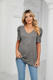 PUFFED SLEEVE SOLID CASUAL TOP - Doublju