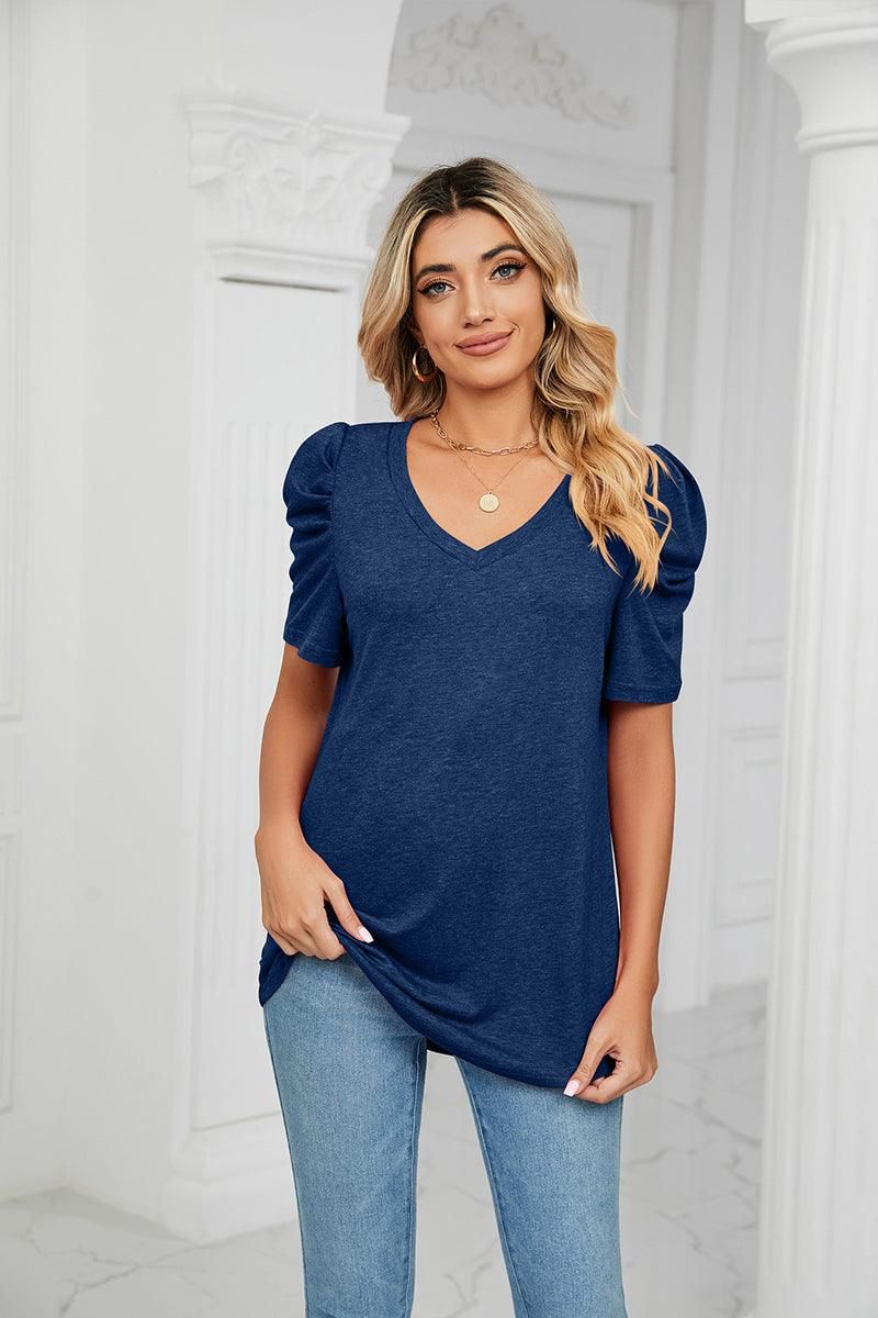 PUFFED SLEEVE SOLID CASUAL TOP - Doublju