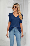 PUFFED SLEEVE SOLID CASUAL TOP - Doublju