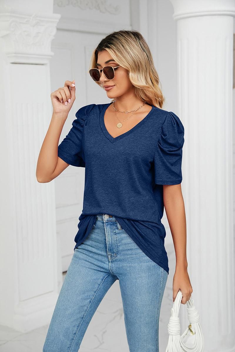 PUFFED SLEEVE SOLID CASUAL TOP - Doublju
