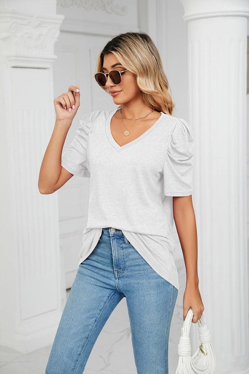 PUFFED SLEEVE SOLID CASUAL TOP - Doublju