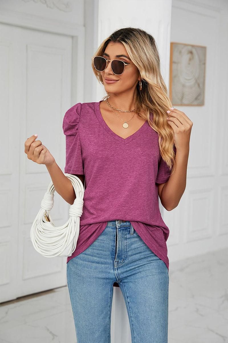 PUFFED SLEEVE SOLID CASUAL TOP - Doublju