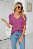 PUFFED SLEEVE SOLID CASUAL TOP - Doublju