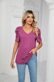 PUFFED SLEEVE SOLID CASUAL TOP - Doublju