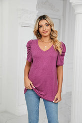 PUFFED SLEEVE SOLID CASUAL TOP - Doublju