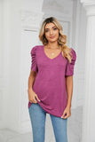 PUFFED SLEEVE SOLID CASUAL TOP - Doublju