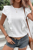 RUFFLED SLEEVE PUNCHING LACE CREW NECK TEE - Doublju