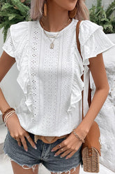 RUFFLED SLEEVE PUNCHING LACE CREW NECK TEE - Doublju