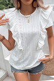 RUFFLED SLEEVE PUNCHING LACE CREW NECK TEE - Doublju