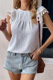 DOT LACE WRINKLED CHEST TASSEL CAP SLEEVE TEE - Doublju
