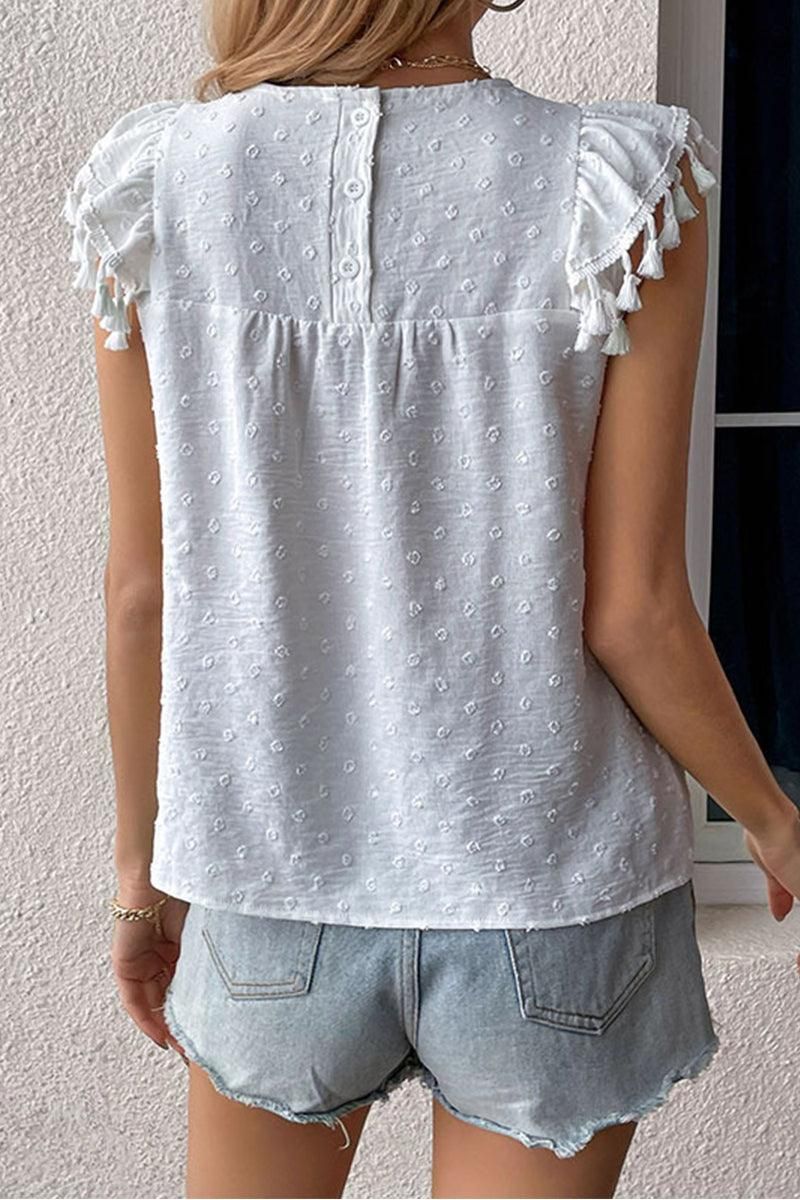 DOT LACE WRINKLED CHEST TASSEL CAP SLEEVE TEE - Doublju