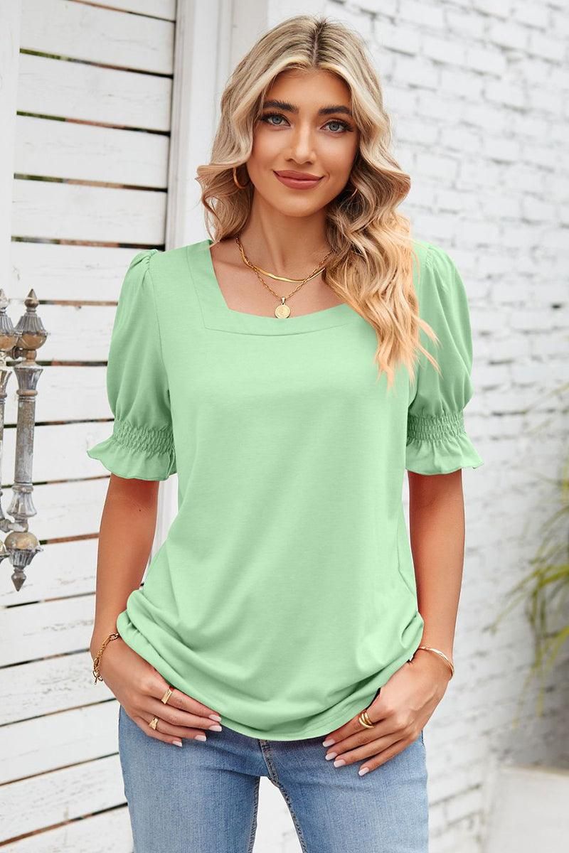 SQUARE NECK RUFFLED SHORT SLEEVE WOMEN T SHIRTS - Doublju