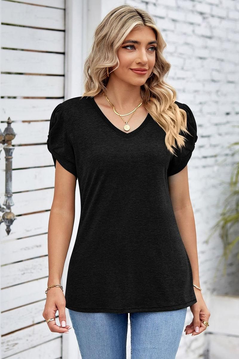 DRAPED PUFF SLEEVE WOMEN DAILY T SHIRTS - Doublju