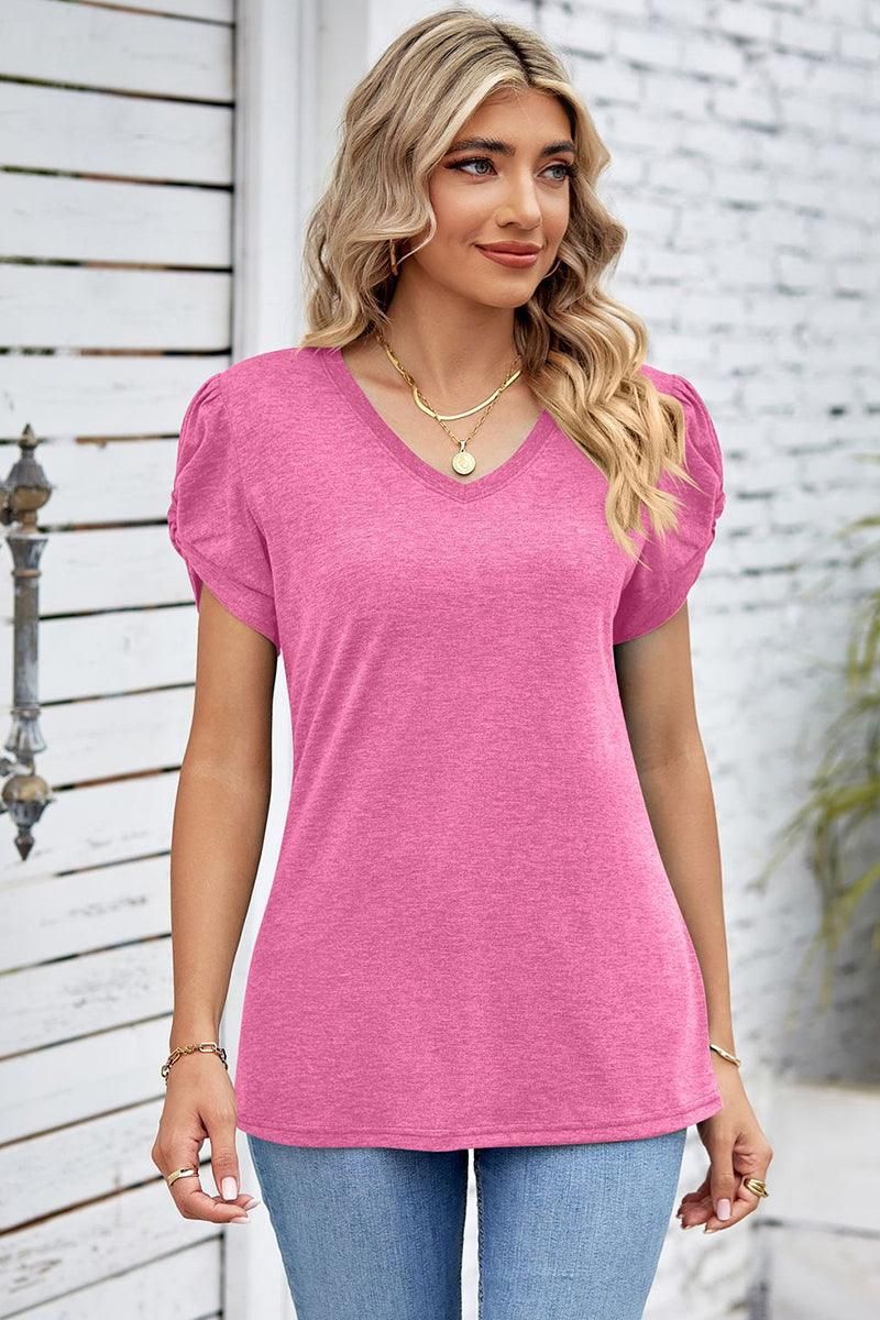 DRAPED PUFF SLEEVE WOMEN DAILY T SHIRTS - Doublju