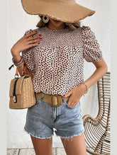 LEOPARD PRINTING SHORT PUFF SLEEVE WOMEN T SHIRT - Doublju