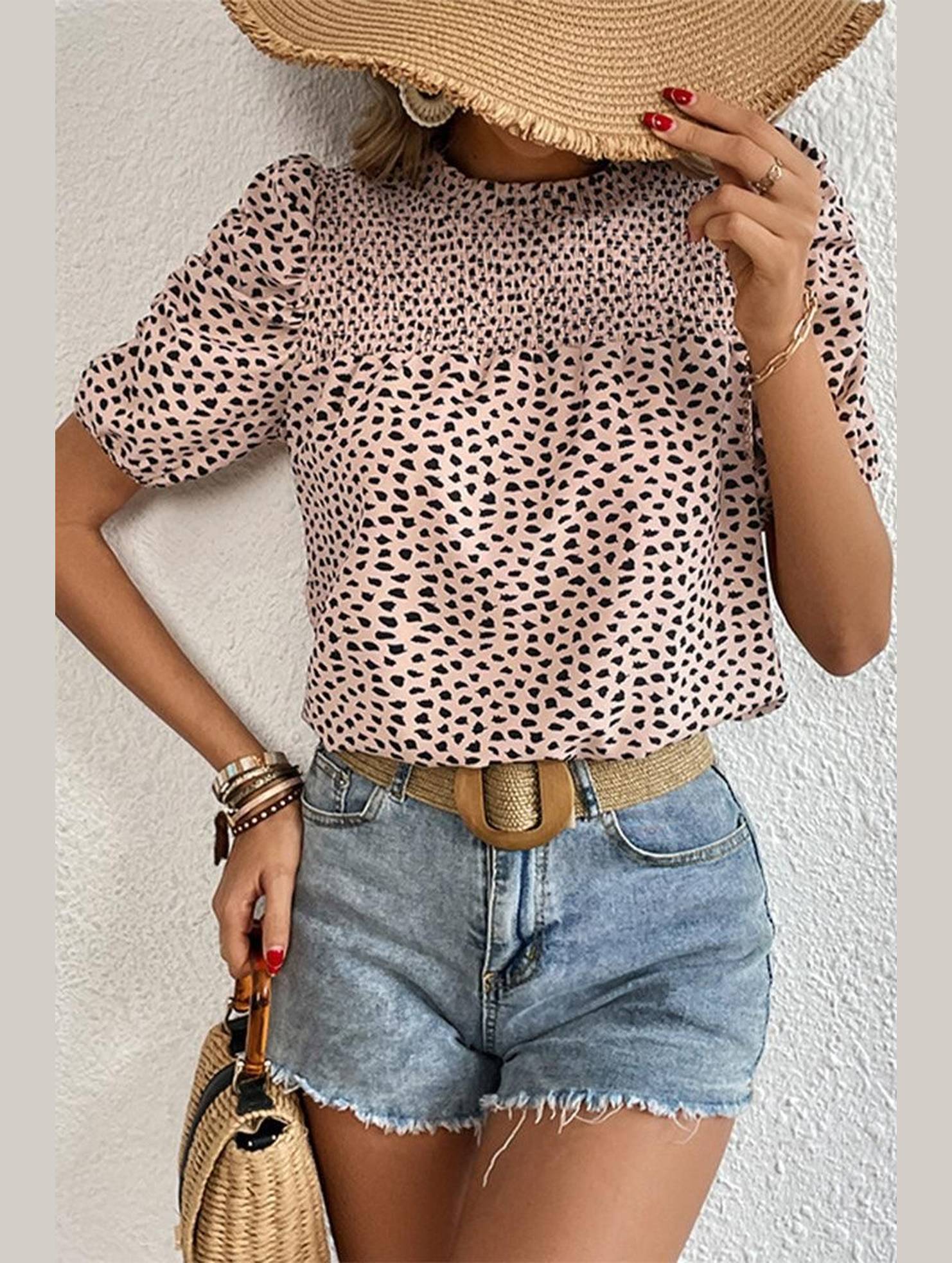 LEOPARD PRINTING SHORT PUFF SLEEVE WOMEN T SHIRT - Doublju