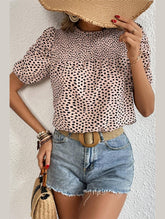LEOPARD PRINTING SHORT PUFF SLEEVE WOMEN T SHIRT - Doublju