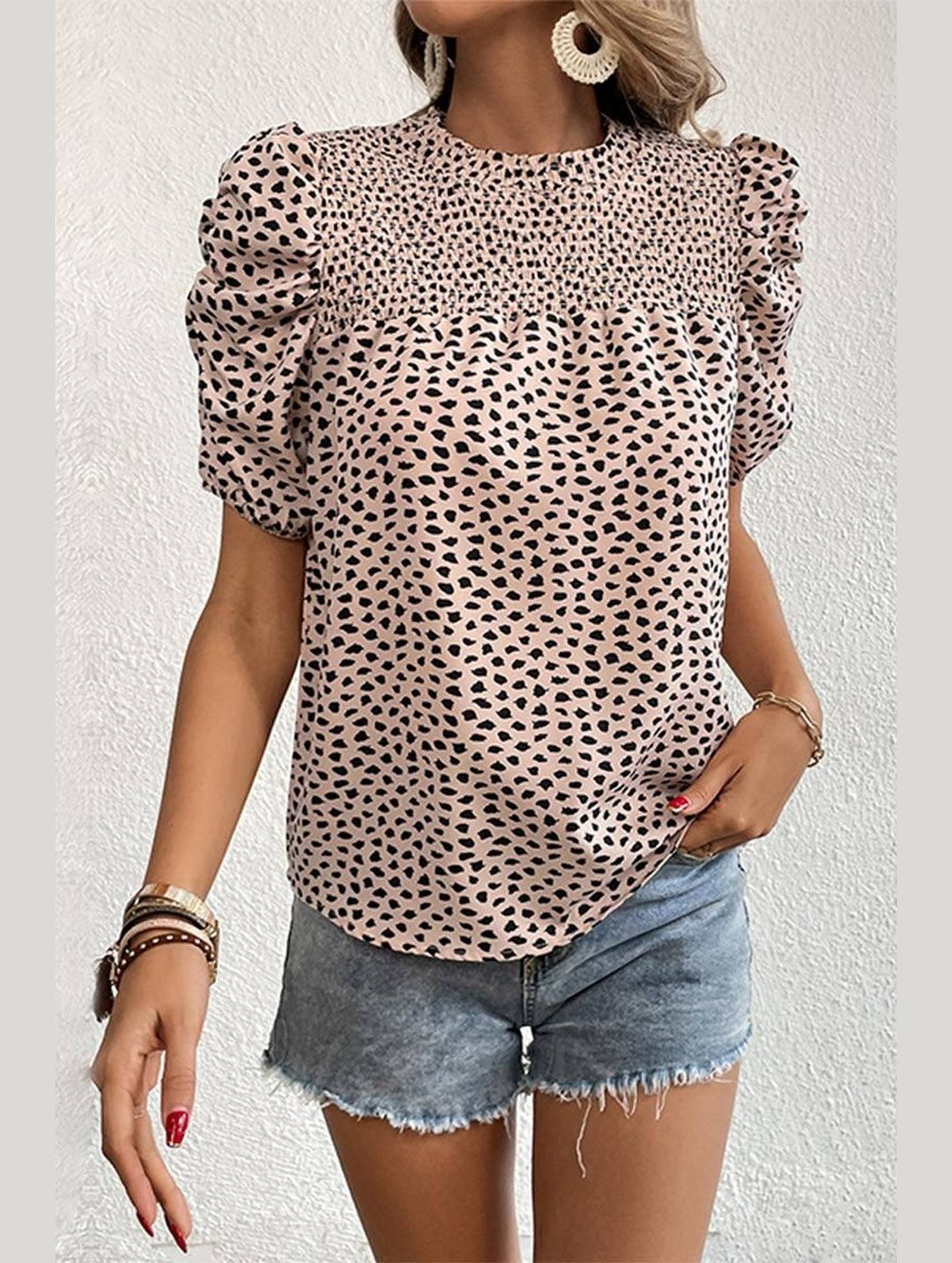LEOPARD PRINTING SHORT PUFF SLEEVE WOMEN T SHIRT - Doublju