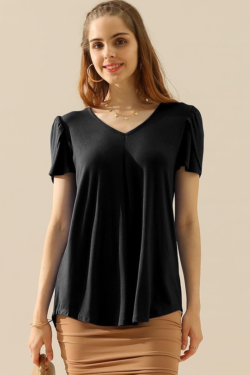 SOLID V NECK SHORT TULIP SLEEVE TUNIC TOPS - Doublju