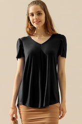 SOLID V NECK SHORT TULIP SLEEVE TUNIC TOPS - Doublju