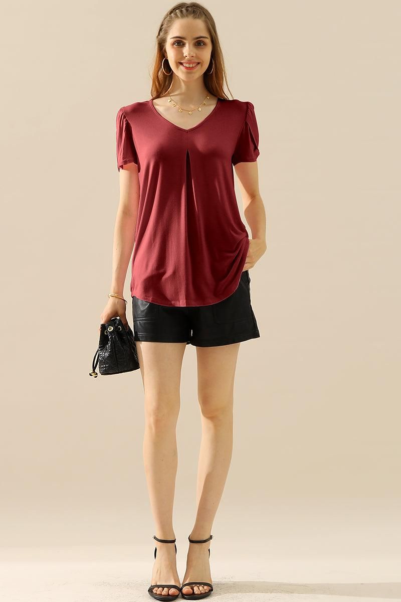 SOLID V NECK SHORT TULIP SLEEVE TUNIC TOPS - Doublju