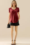 SOLID V NECK SHORT TULIP SLEEVE TUNIC TOPS - Doublju