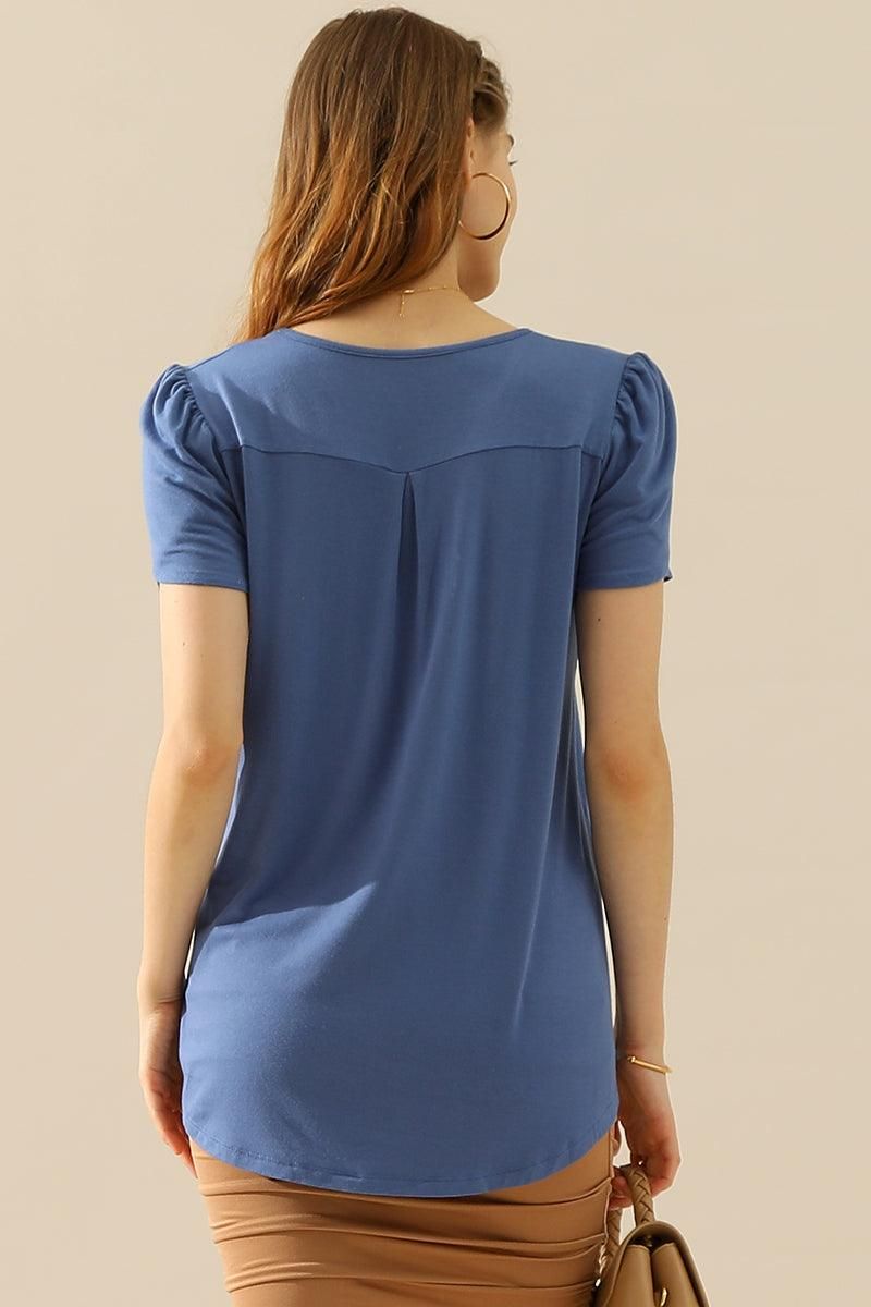SOLID V NECK SHORT TULIP SLEEVE TUNIC TOPS - Doublju