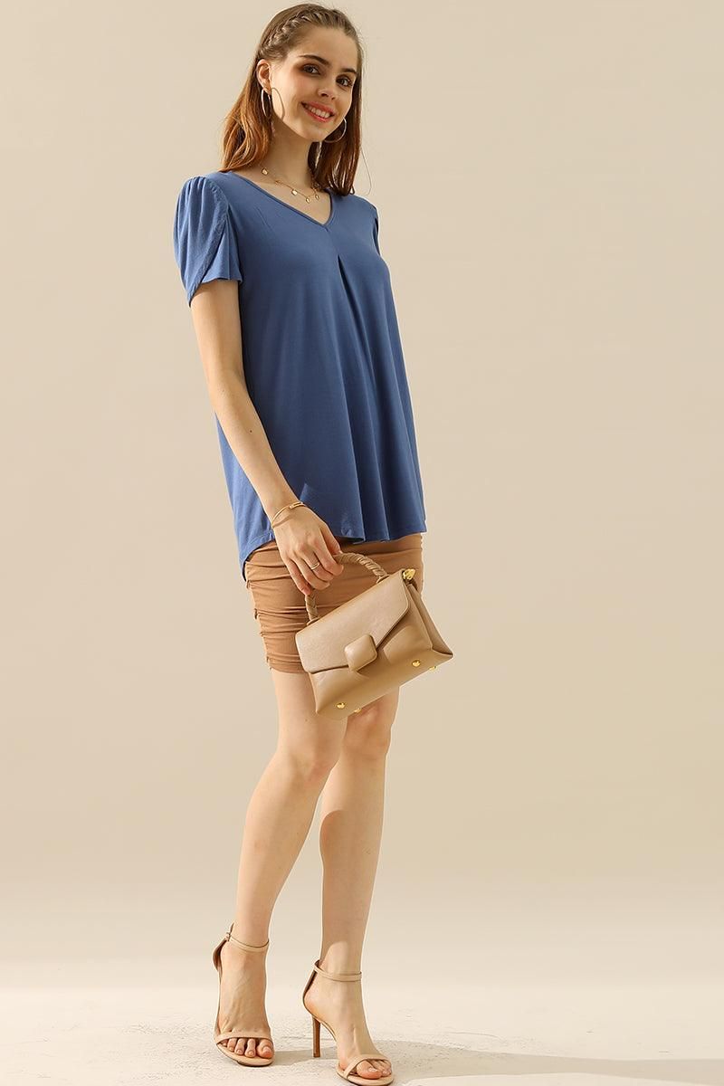 SOLID V NECK SHORT TULIP SLEEVE TUNIC TOPS - Doublju