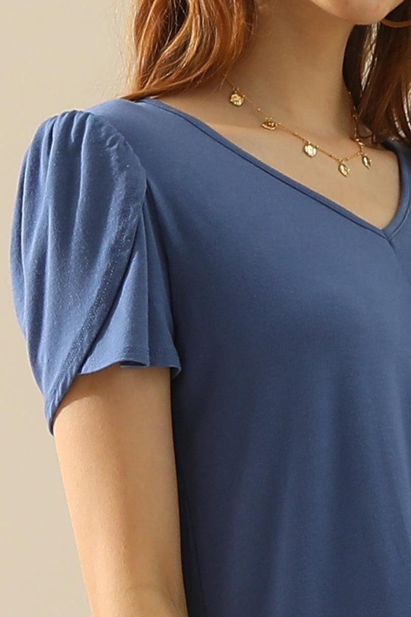 SOLID V NECK SHORT TULIP SLEEVE TUNIC TOPS - Doublju