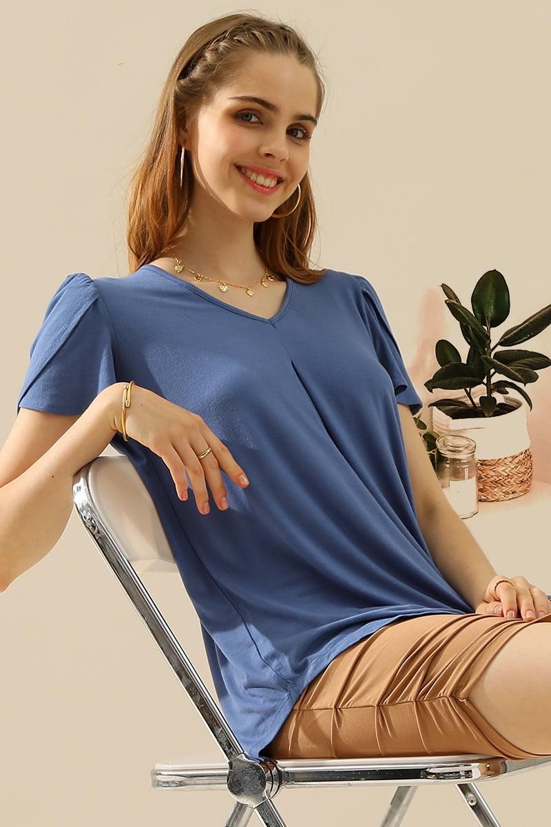 SOLID V NECK SHORT TULIP SLEEVE TUNIC TOPS - Doublju