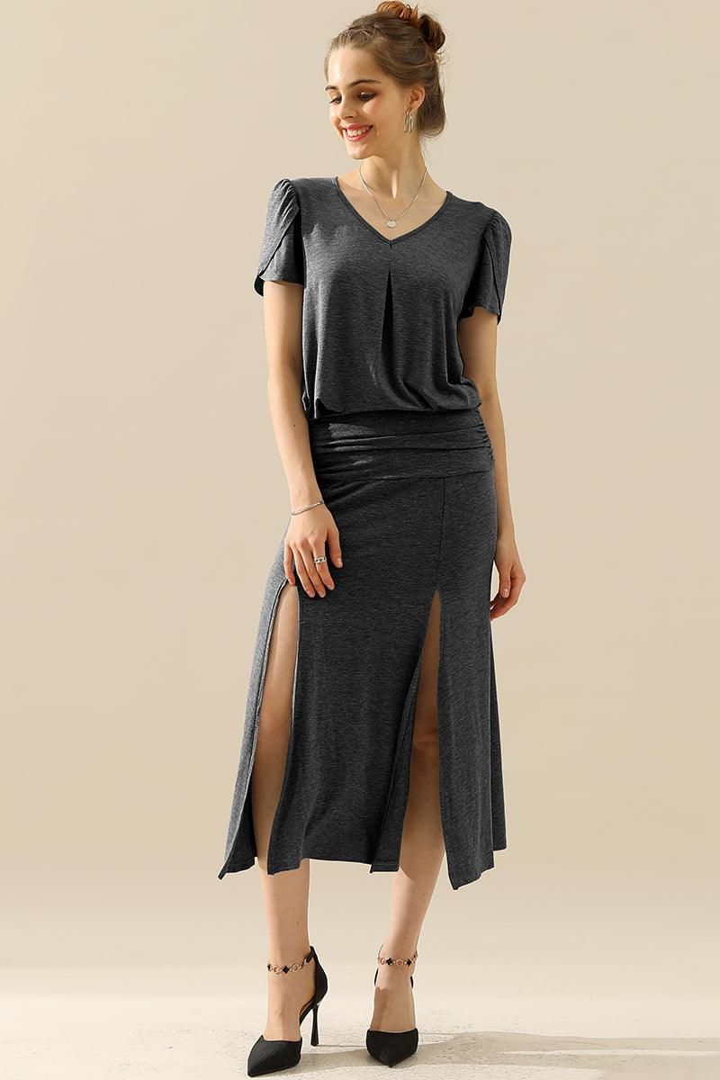 SOLID V NECK SHORT TULIP SLEEVE TUNIC TOPS - Doublju