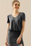 SOLID V NECK SHORT TULIP SLEEVE TUNIC TOPS - Doublju