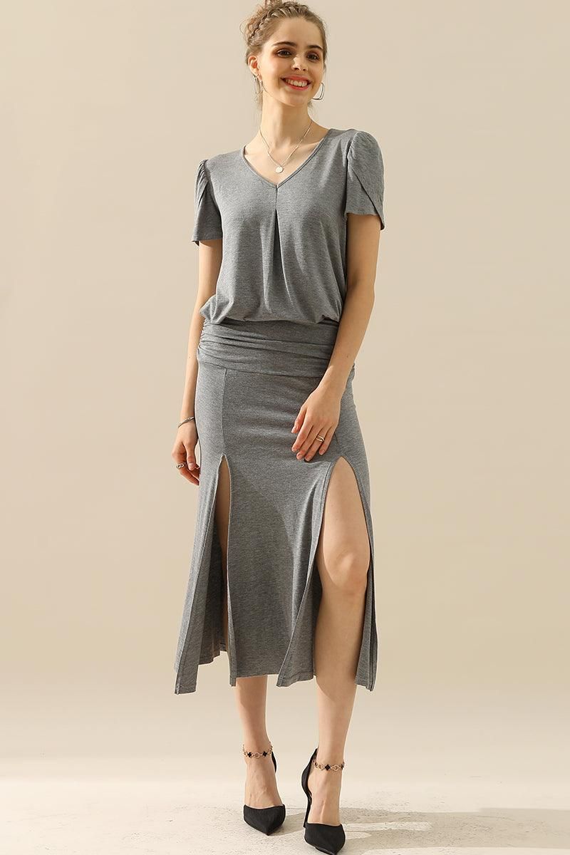 SOLID V NECK SHORT TULIP SLEEVE TUNIC TOPS - Doublju