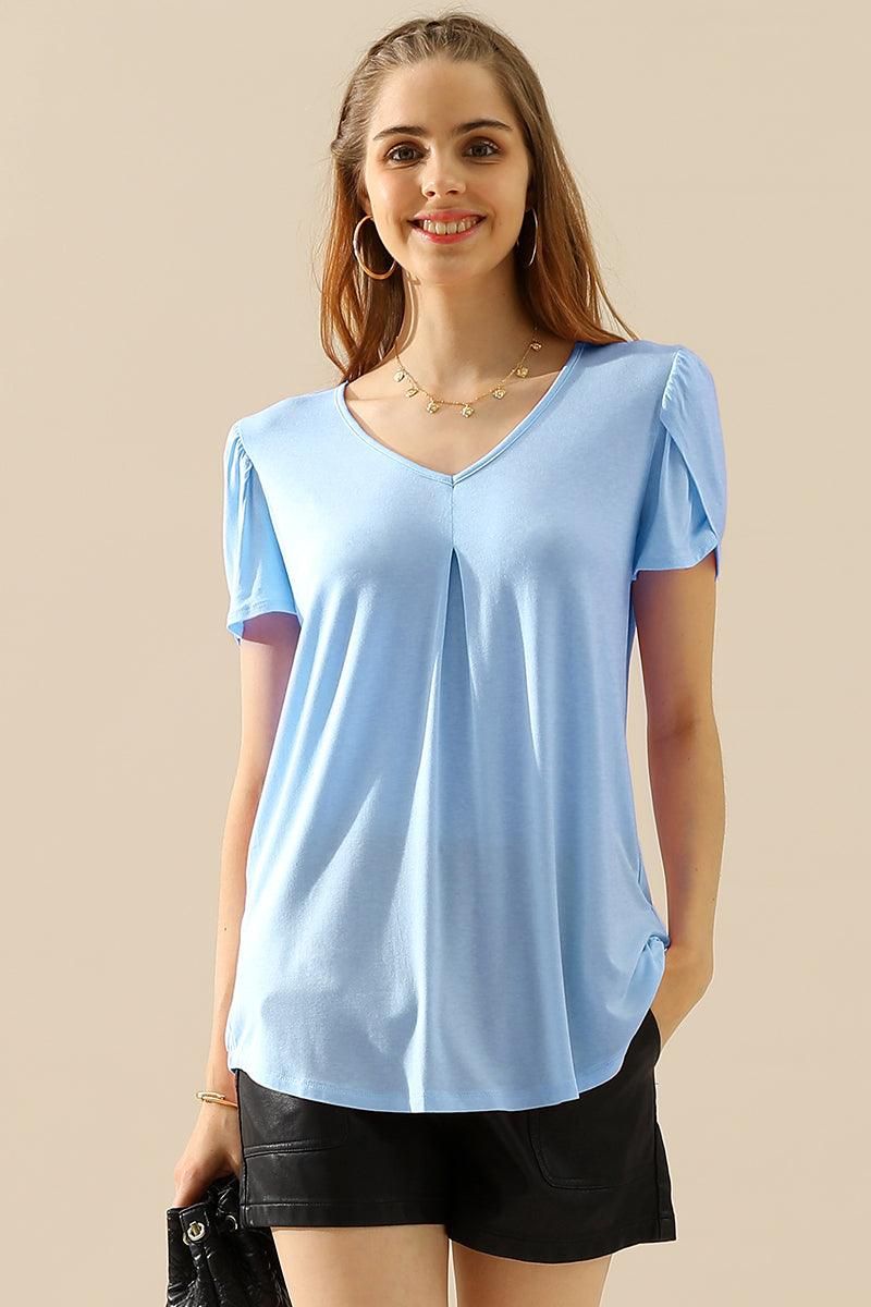 SOLID V NECK SHORT TULIP SLEEVE TUNIC TOPS - Doublju
