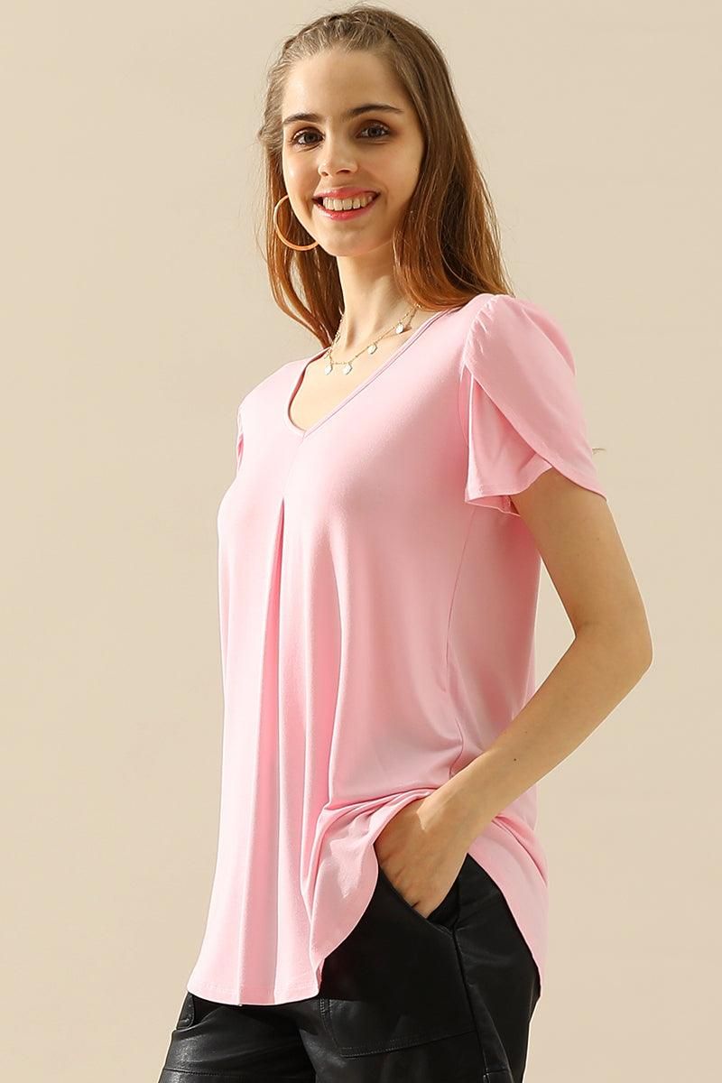 SOLID V NECK SHORT TULIP SLEEVE TUNIC TOPS - Doublju