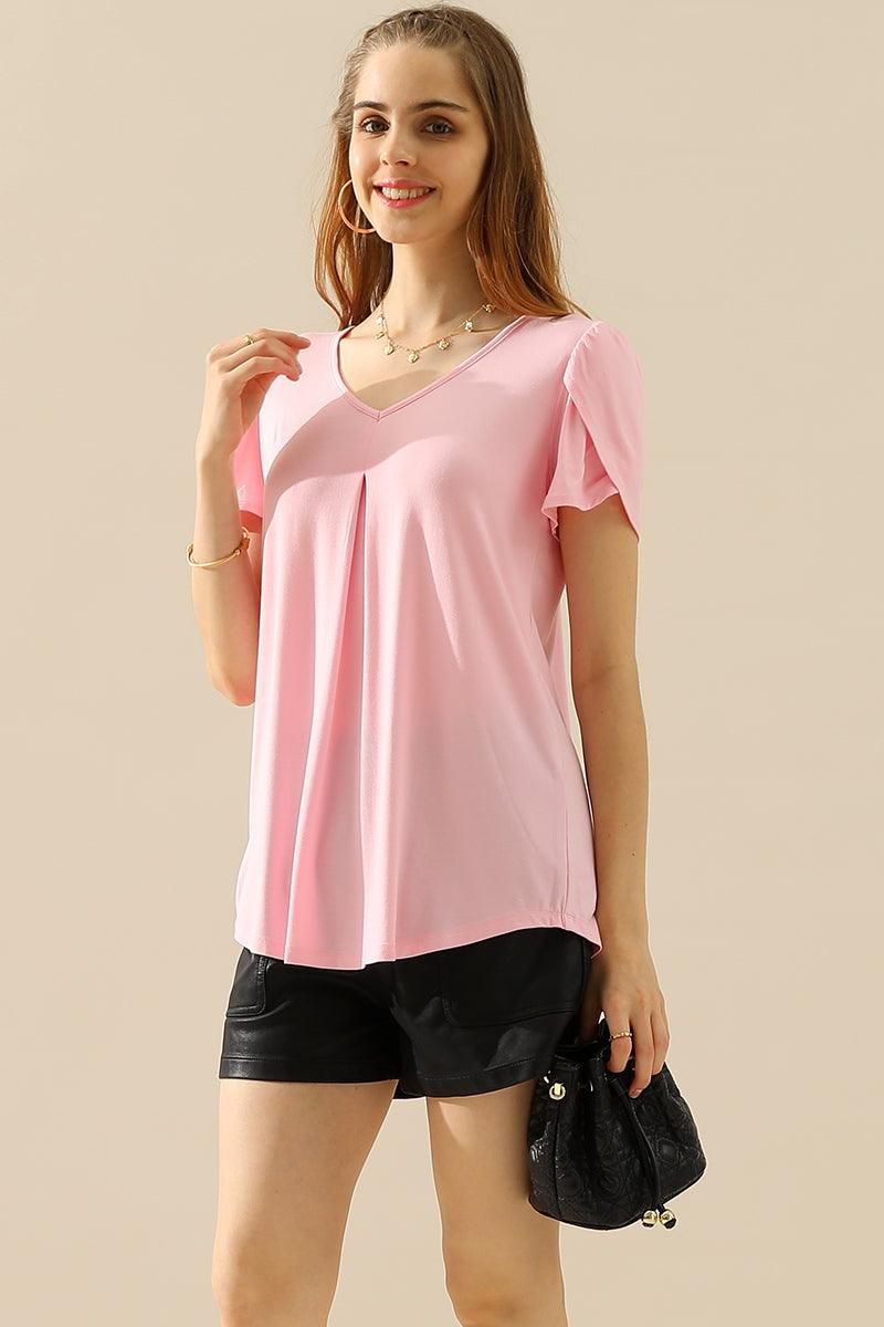 SOLID V NECK SHORT TULIP SLEEVE TUNIC TOPS - Doublju