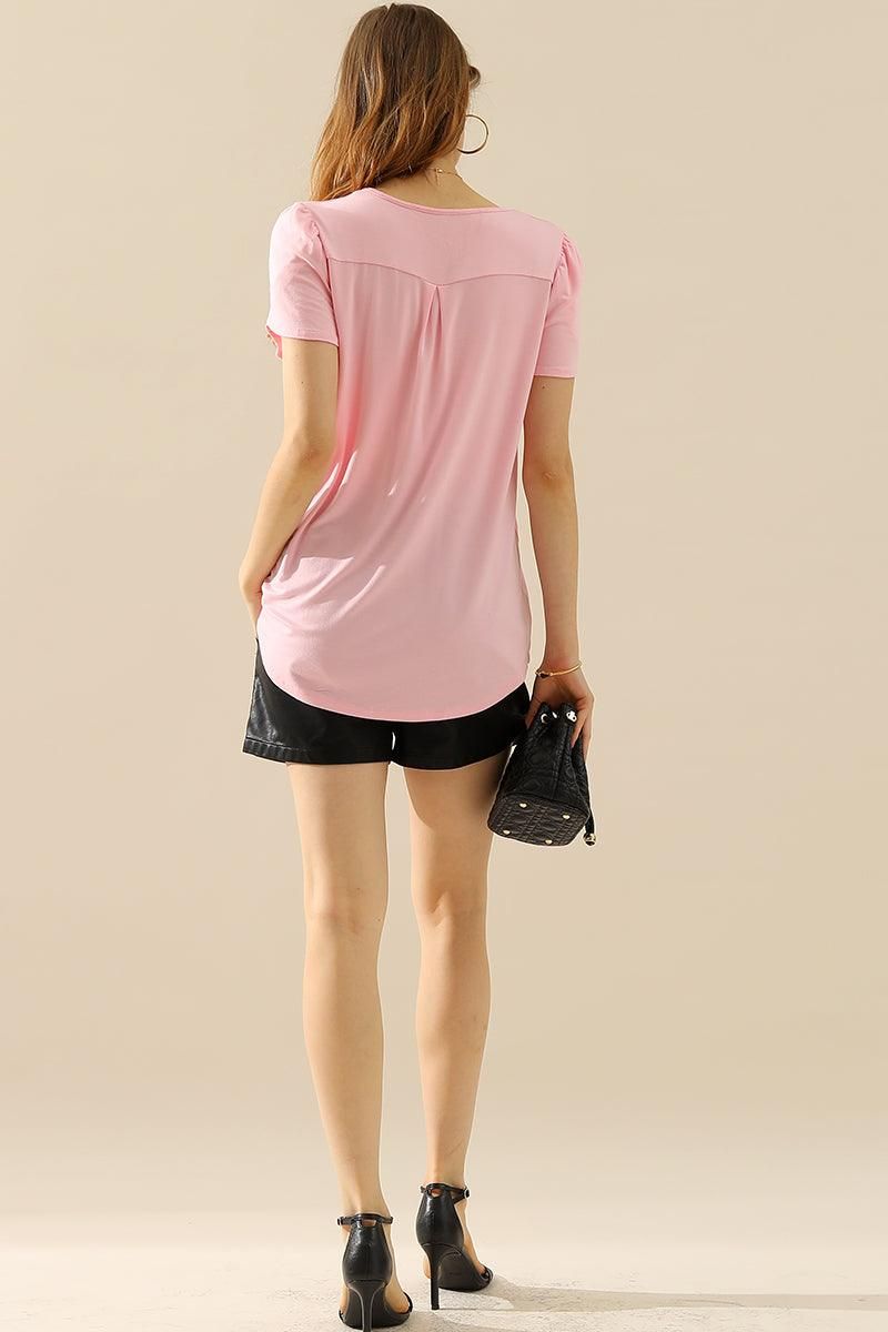 SOLID V NECK SHORT TULIP SLEEVE TUNIC TOPS - Doublju