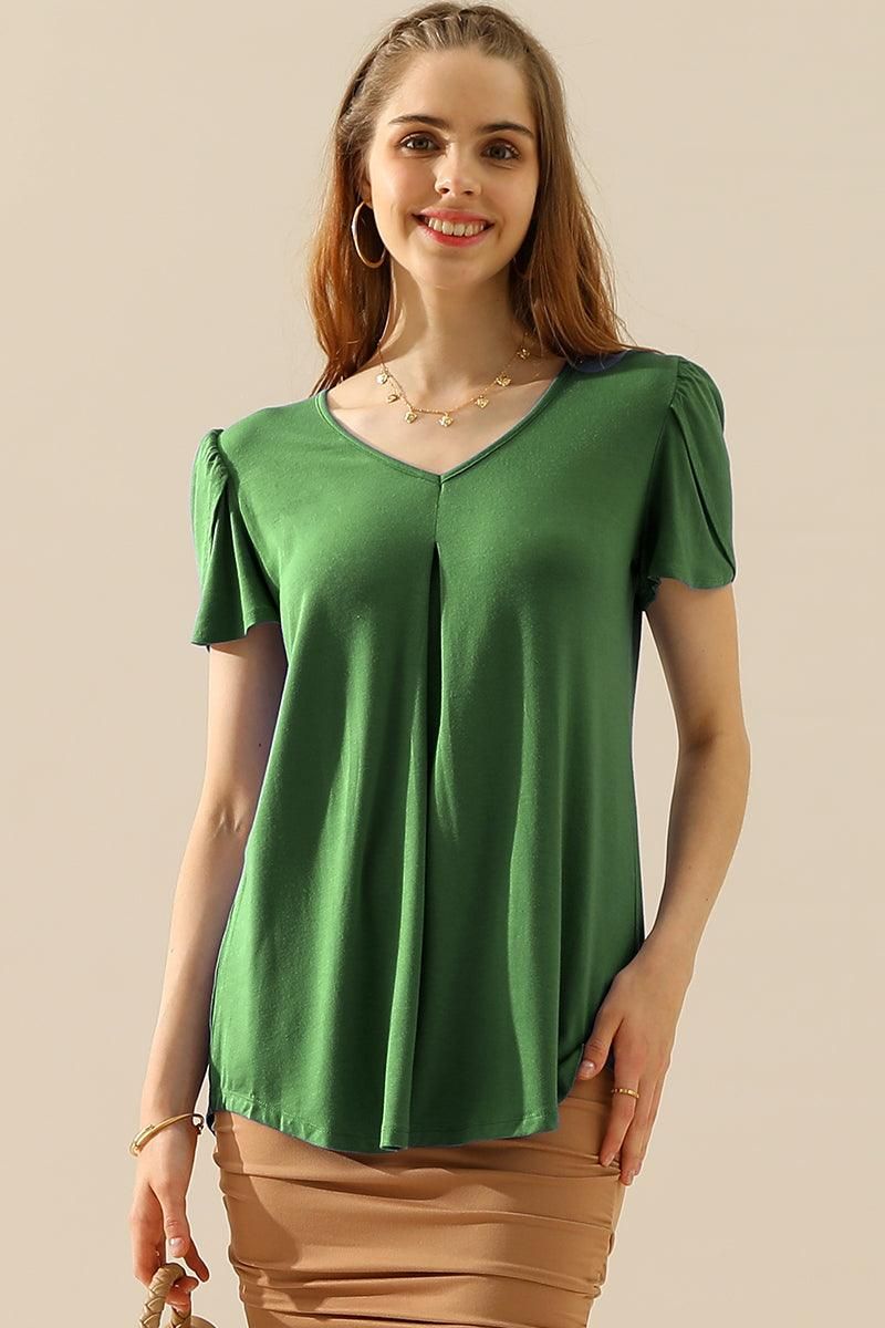 SOLID V NECK SHORT TULIP SLEEVE TUNIC TOPS - Doublju