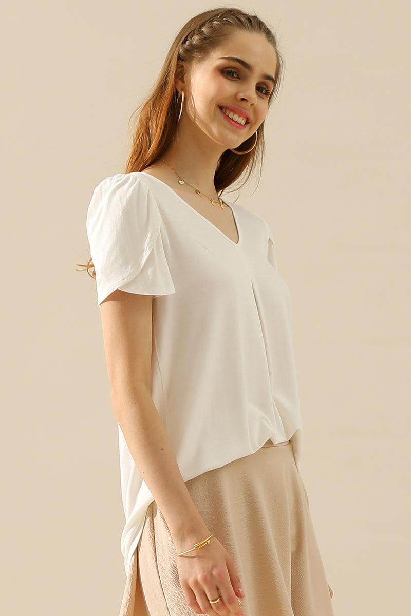 SOLID V NECK SHORT TULIP SLEEVE TUNIC TOPS - Doublju